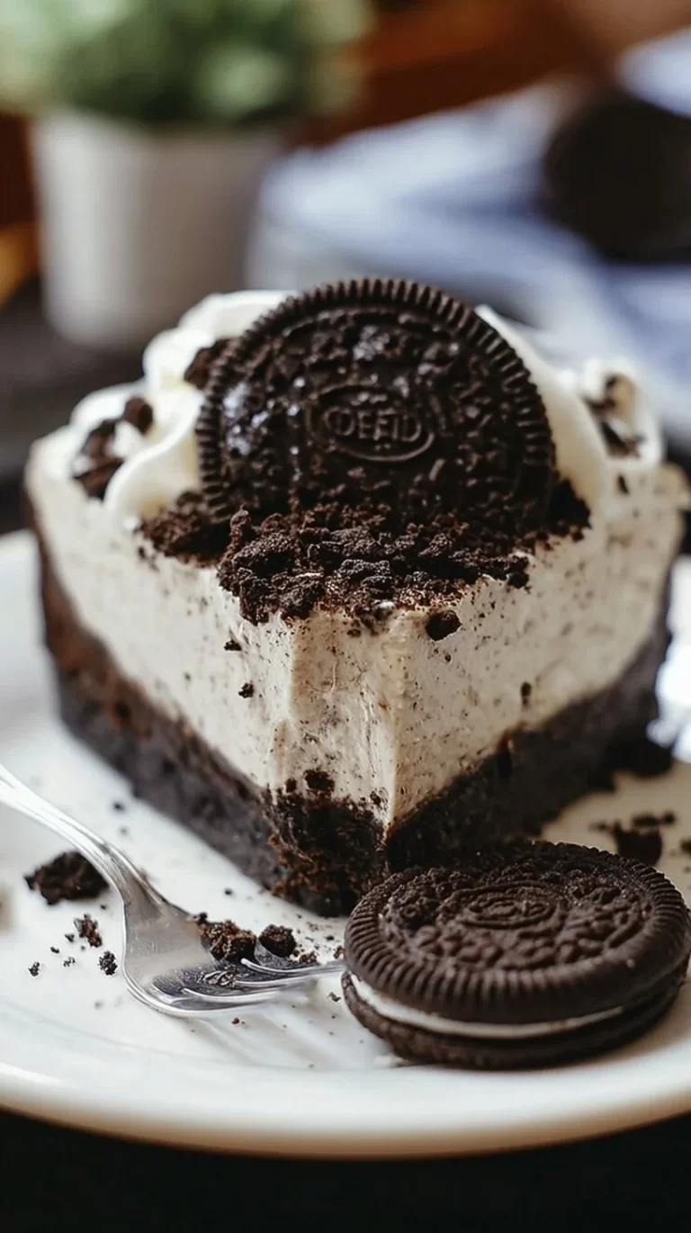 No-bake Oreo cheesecake topped with crushed Oreos and chocolate drizzle
