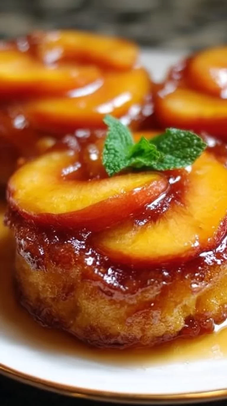 Delicious peach upside-down mini cakes served on a wooden platter