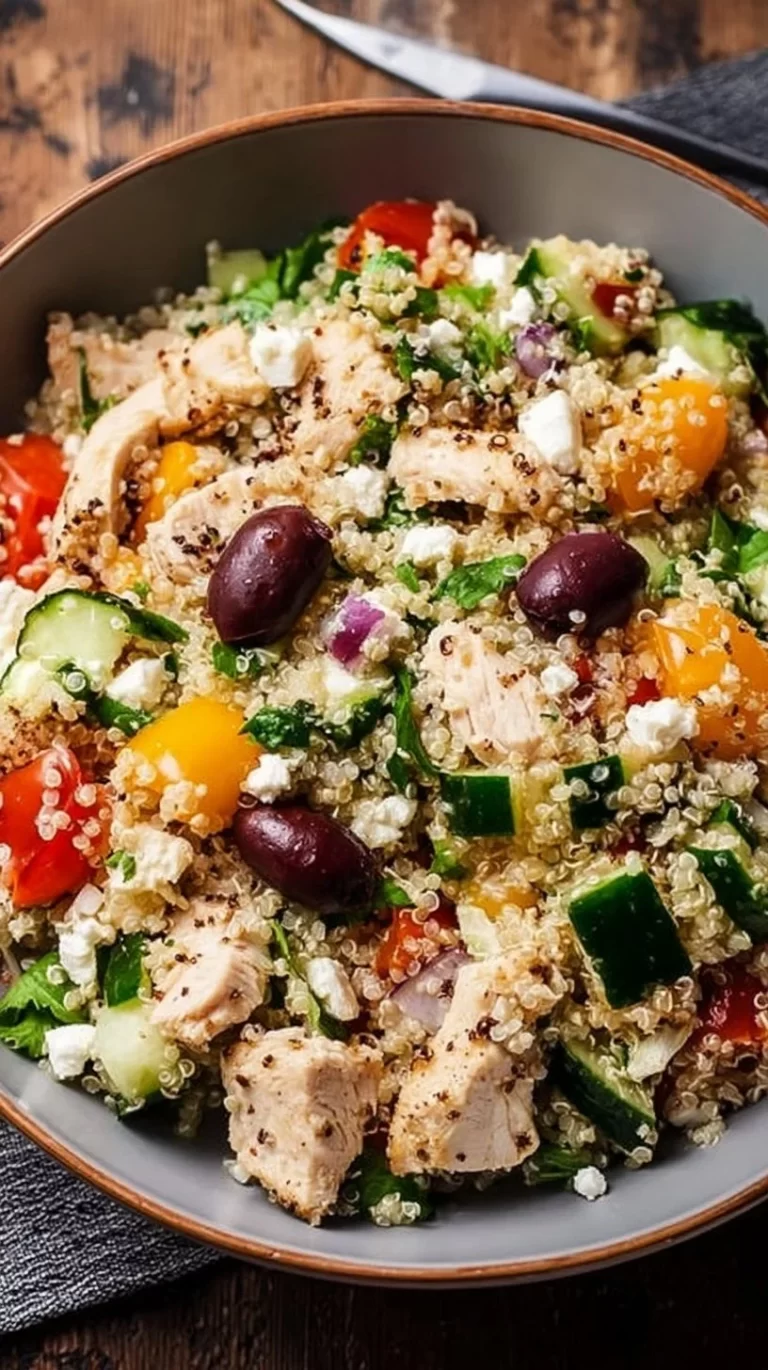 Mediterranean quinoa chicken salad with fresh vegetables and dressing