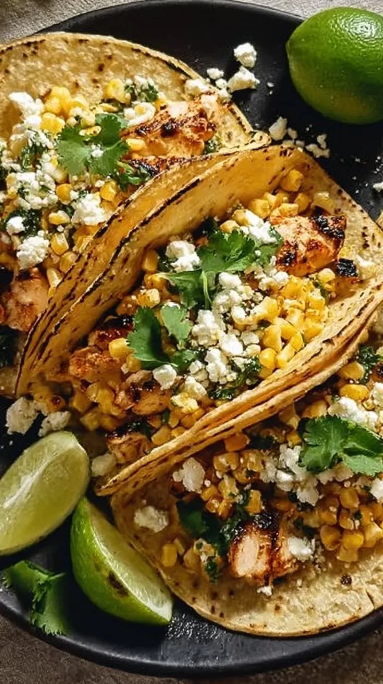 Delicious Mexican street corn chicken tacos served with fresh toppings