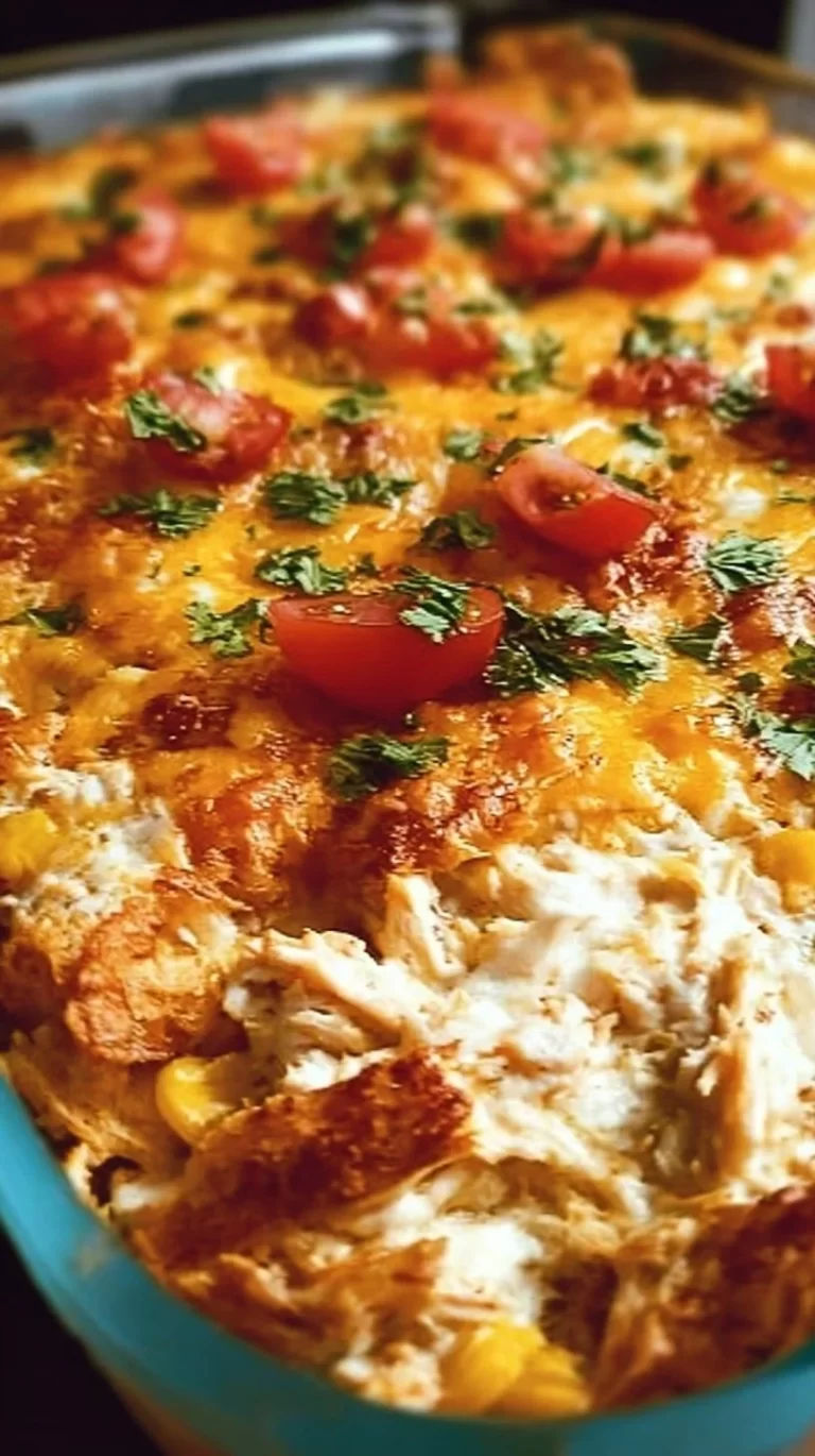 Baked Mexican White Trash Casserole in a dish, topped with cheese and spices.