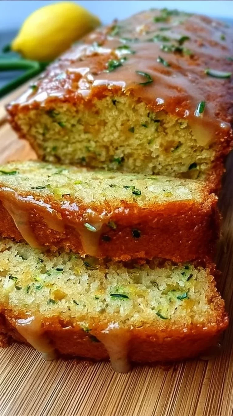 A slice of moist lemon zucchini bread topped with a lemon glaze