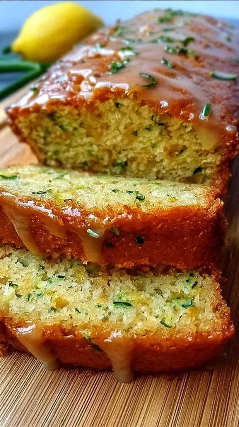 A slice of moist lemon zucchini bread topped with a lemon glaze