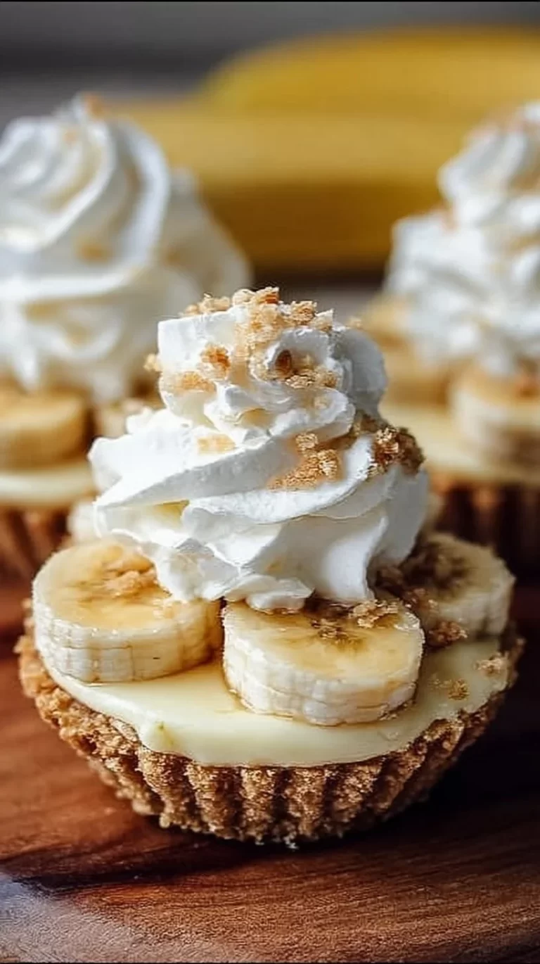 No-bake mini banana cream pies served on a plate with whipped cream and bananas