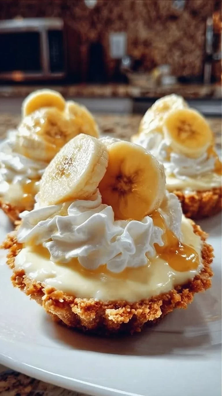 No-bake mini banana cream pies served on a dessert plate