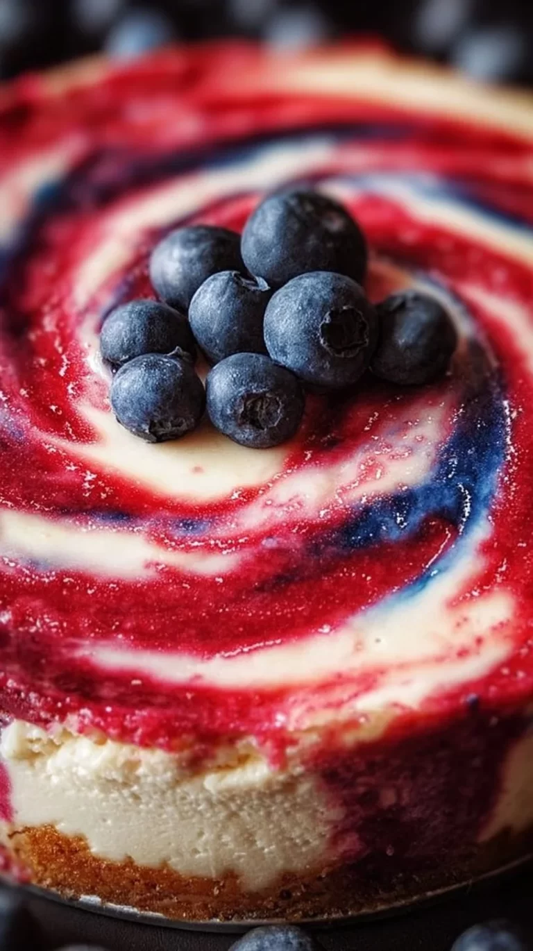 Patriotic Berry Swirl Cheesecake topped with fresh berries and cream