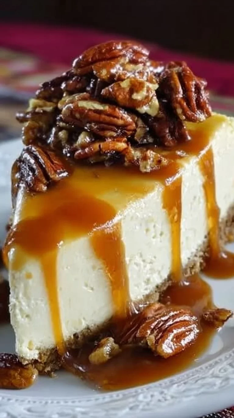 Delicious pecan caramel cheesecake topped with caramel sauce and pecans.