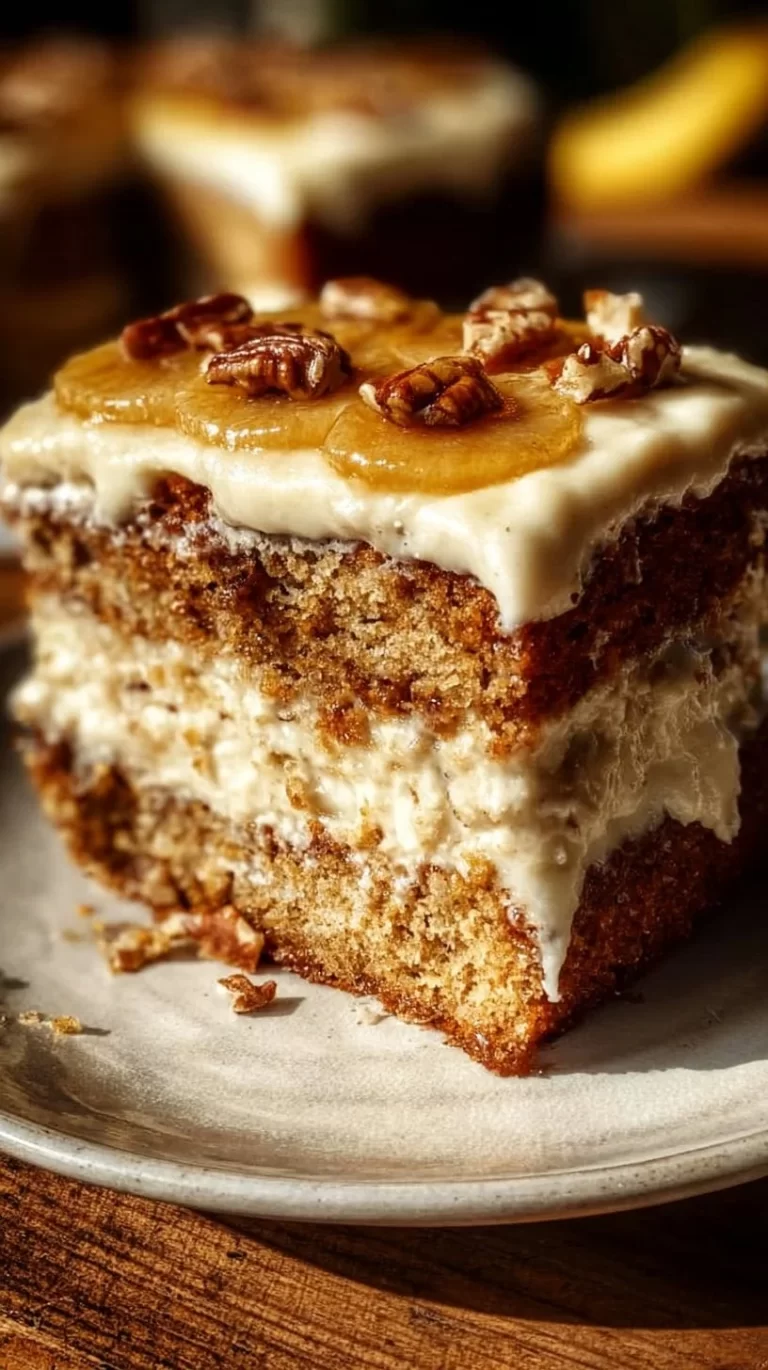 Delicious slice of Southern Hummingbird Cake topped with cream cheese frosting.