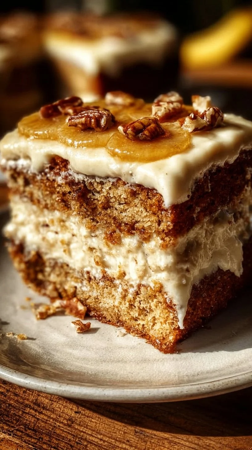 Delicious slice of Southern Hummingbird Cake topped with cream cheese frosting.