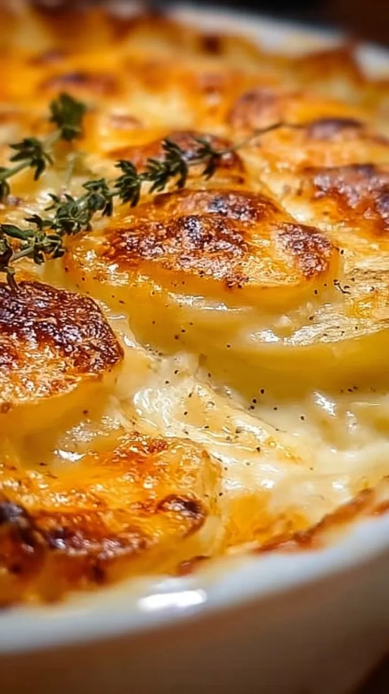 Creamy and cheesy scalloped potatoes served in a casserole dish.