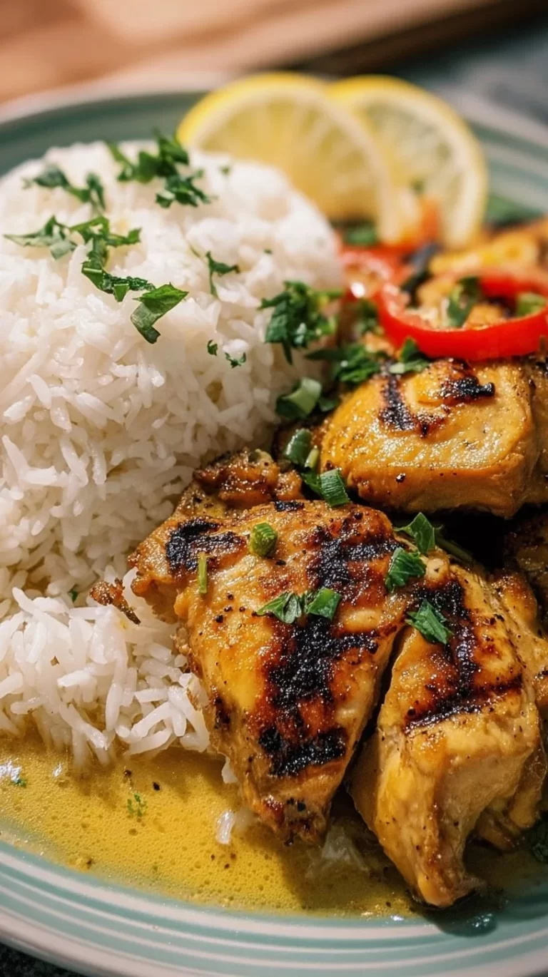 Tropical Hawaiian Chicken served with creamy coconut rice on a plate