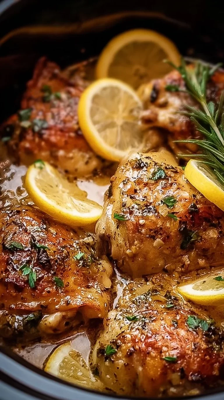 Delicious lemon garlic butter chicken thighs cooked in a crock pot.