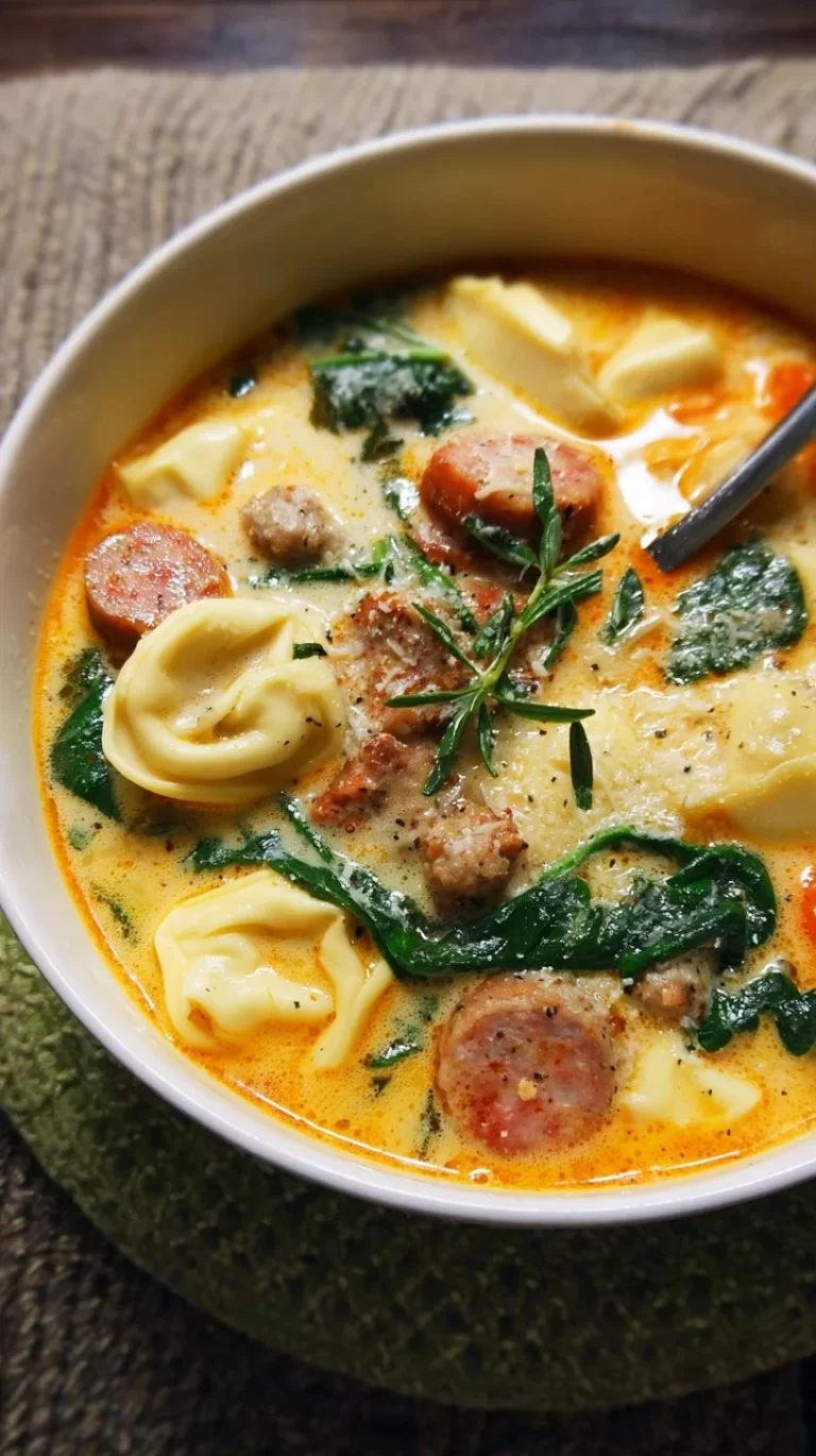 Delicious bowl of autumn Sausage Tortellini Soup with Spinach garnished with herbs.