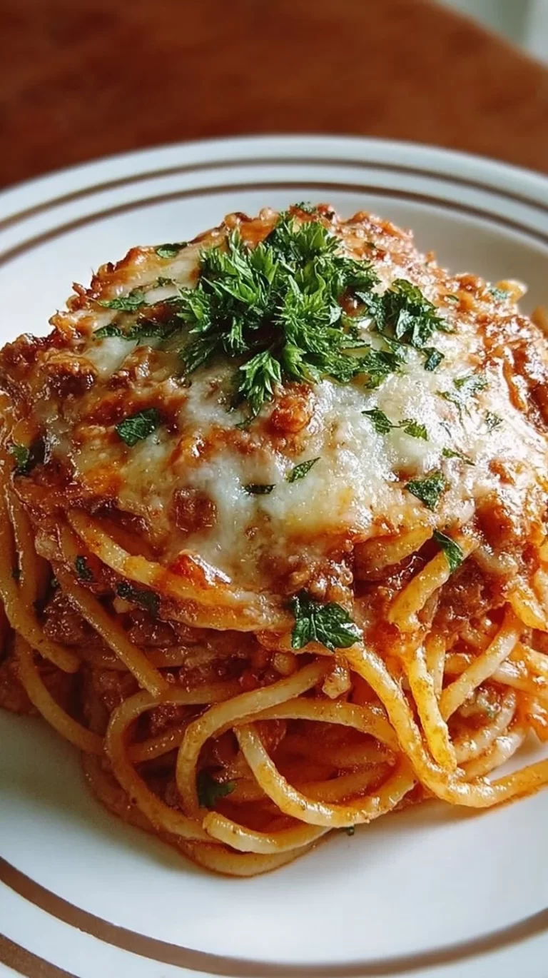 Delicious baked cream cheese spaghetti topped with melted cheese and herbs.