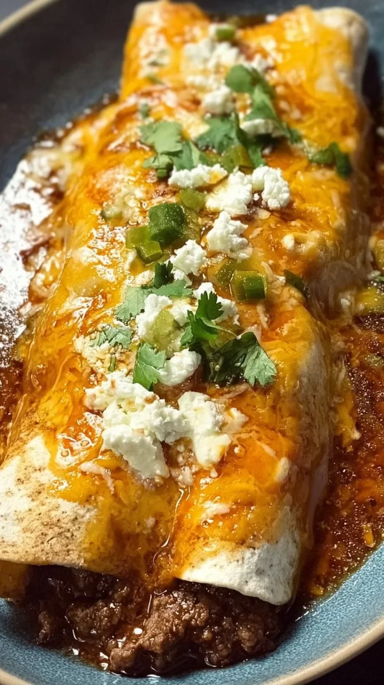 Delicious beef and cheese Mexican enchiladas with red sauce