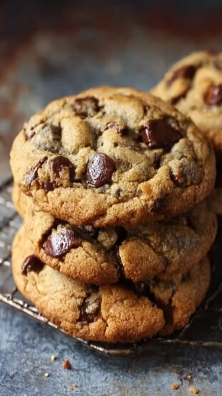 Freshly baked brown butter chocolate chip cookies on a cooling rack
