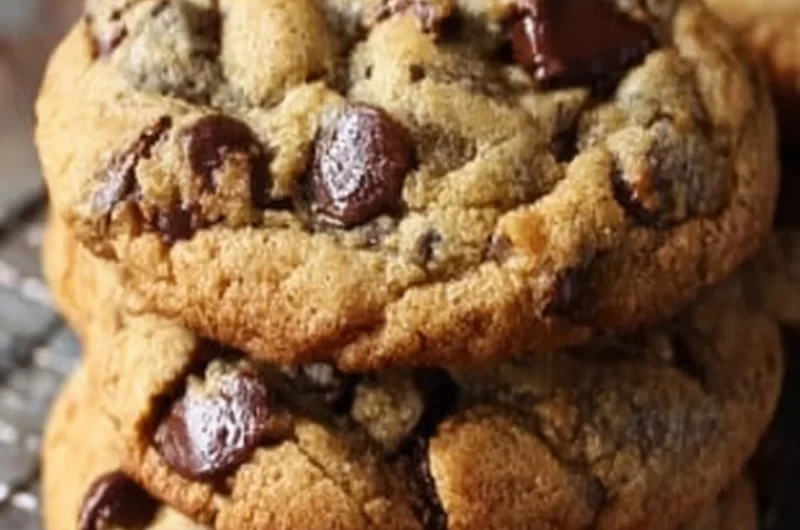 Freshly baked brown butter chocolate chip cookies on a cooling rack