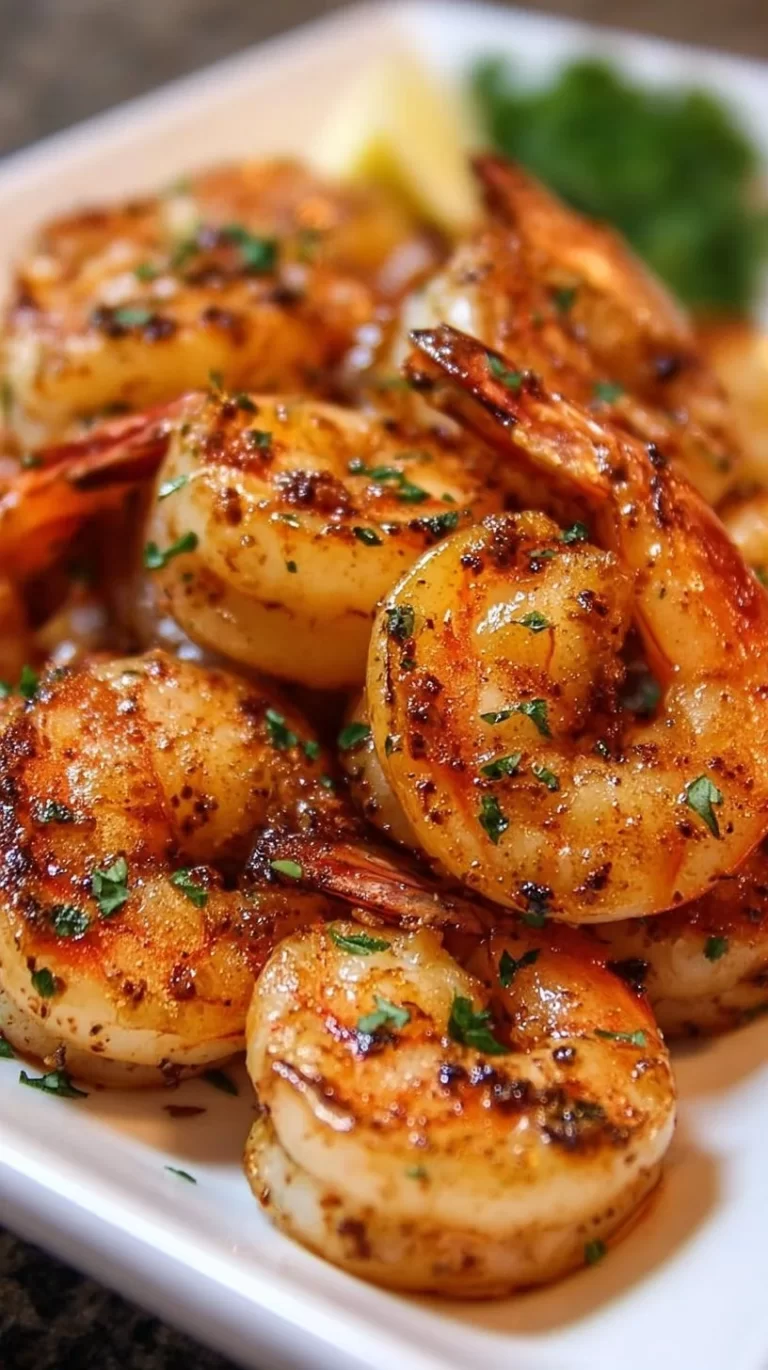 Delicious marinated grilled shrimp on the grill with vibrant colors