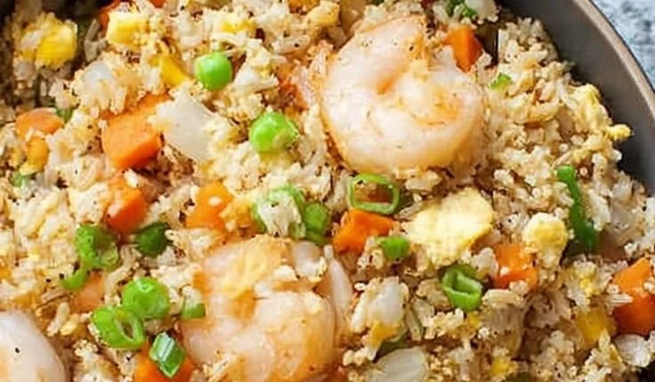 Homemade shrimp fried rice served in a bowl with vegetables