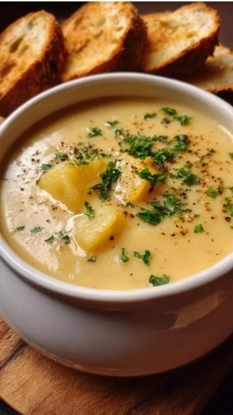 Bowl of cheddar garlic herb potato soup garnished with herbs and cheese
