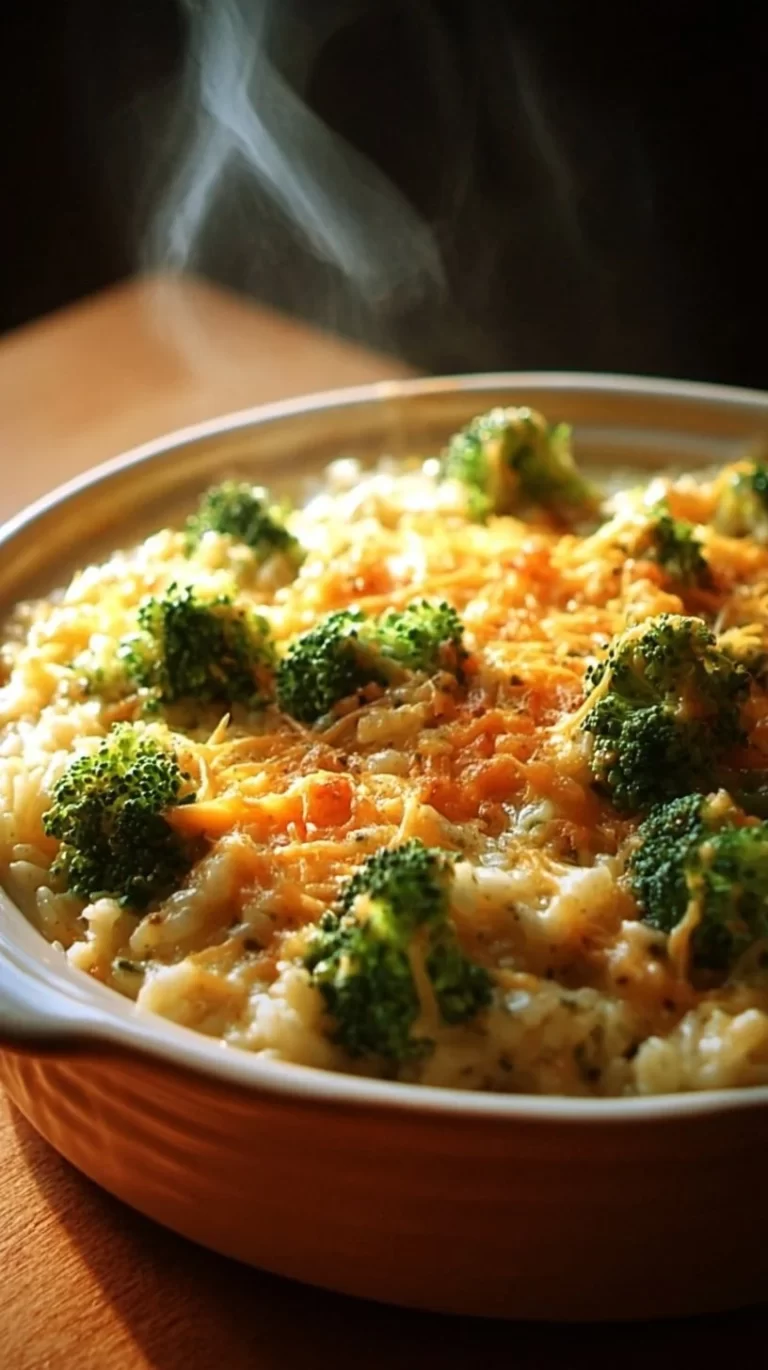 Cheesy Broccoli Rice Casserole topped with melted cheese and fresh broccoli