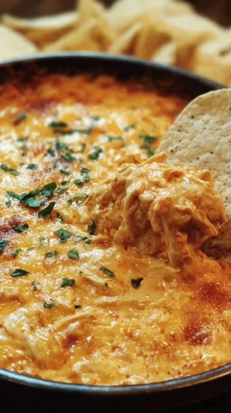 Delicious Cheesy Crock Pot Buffalo Chicken Dip served in a bowl with tortilla chips