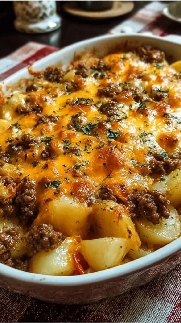 Cheesy ground beef and potato casserole fresh from the oven