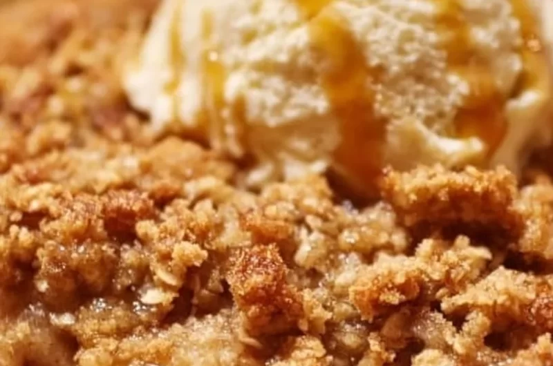 Classic apple crisp topped with buttery oats, served warm in a dish.