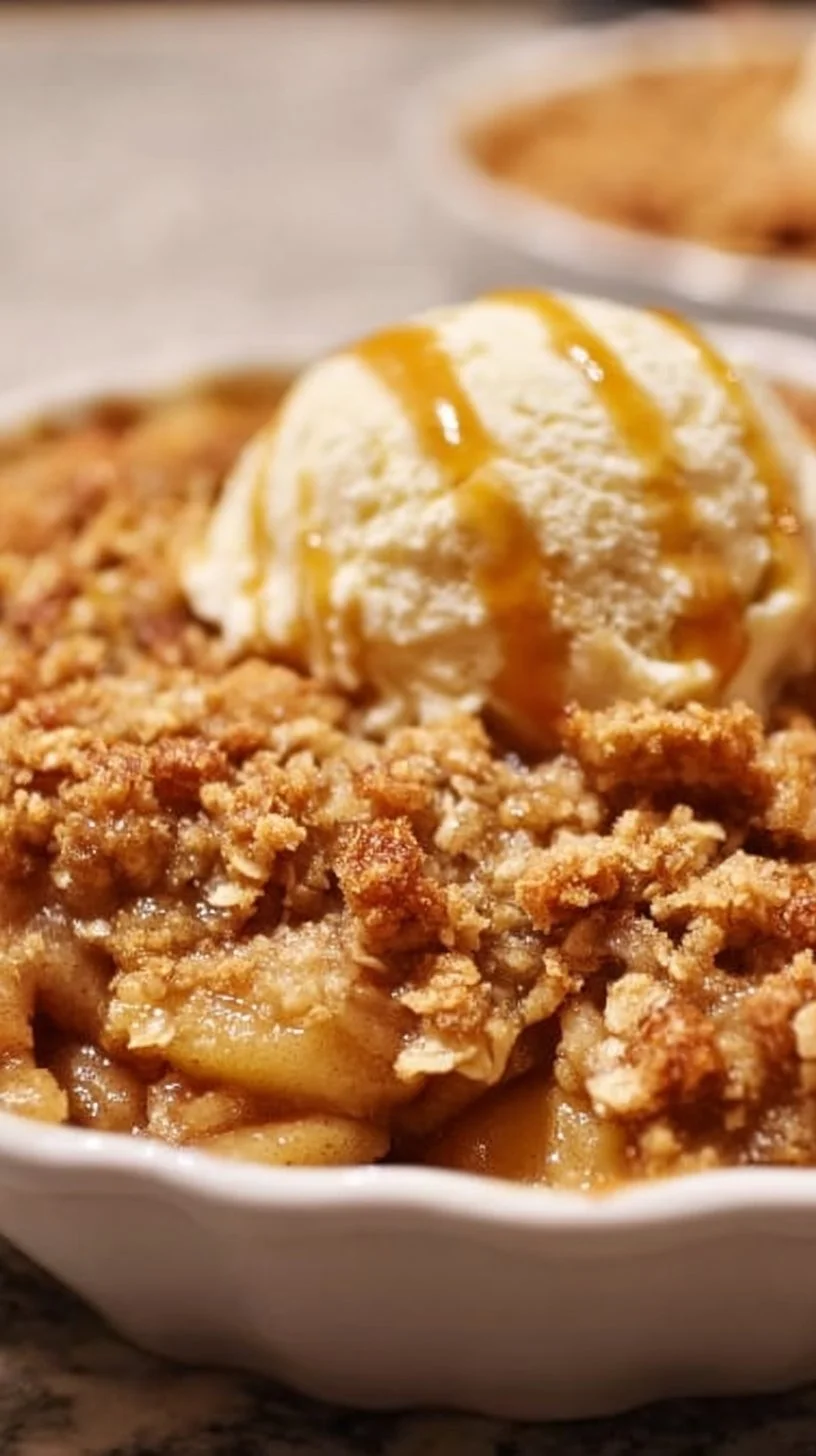 Classic apple crisp topped with buttery oats, served warm in a dish.