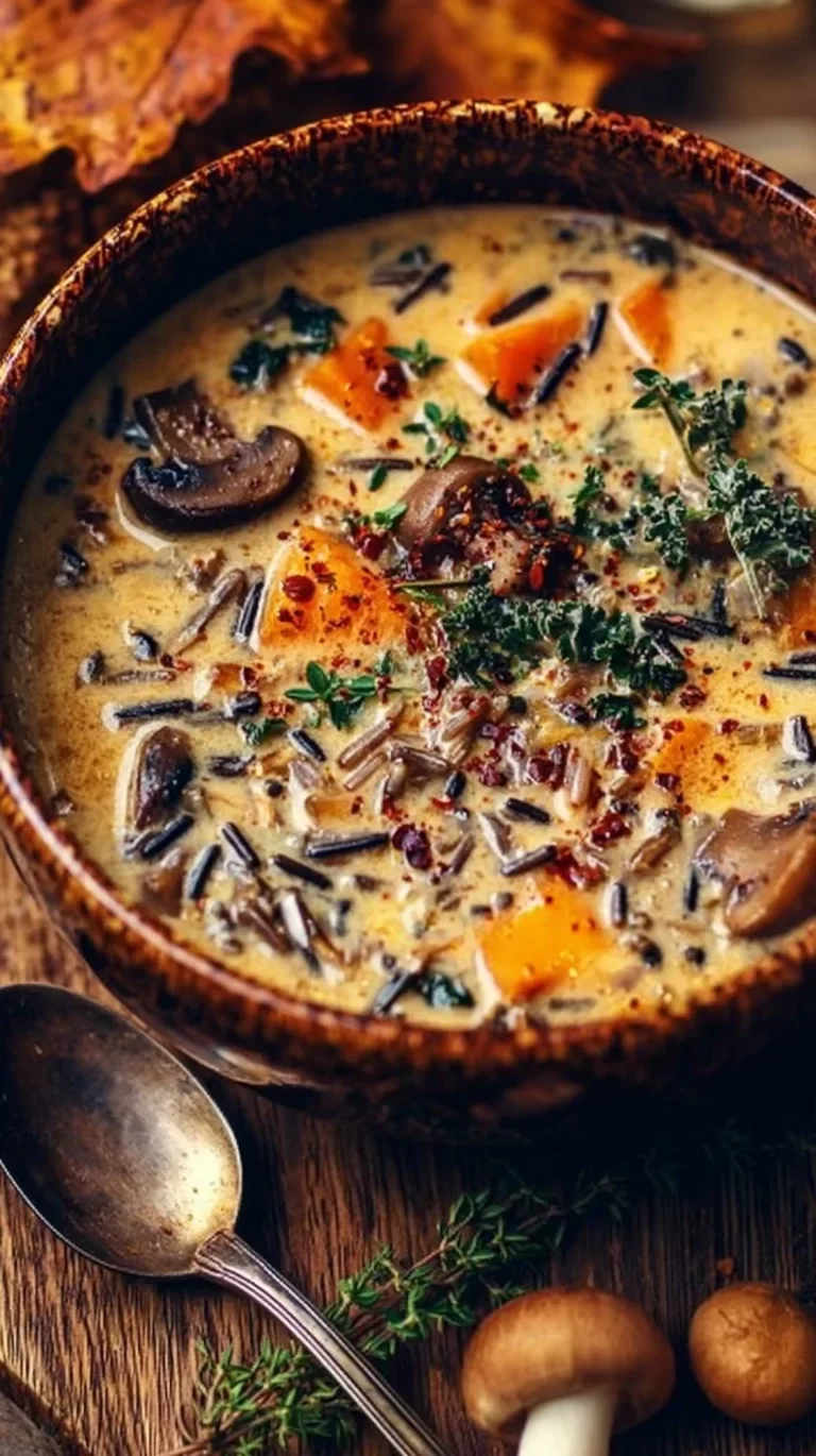 Bowl of cozy autumn wild rice soup garnished with herbs and spices
