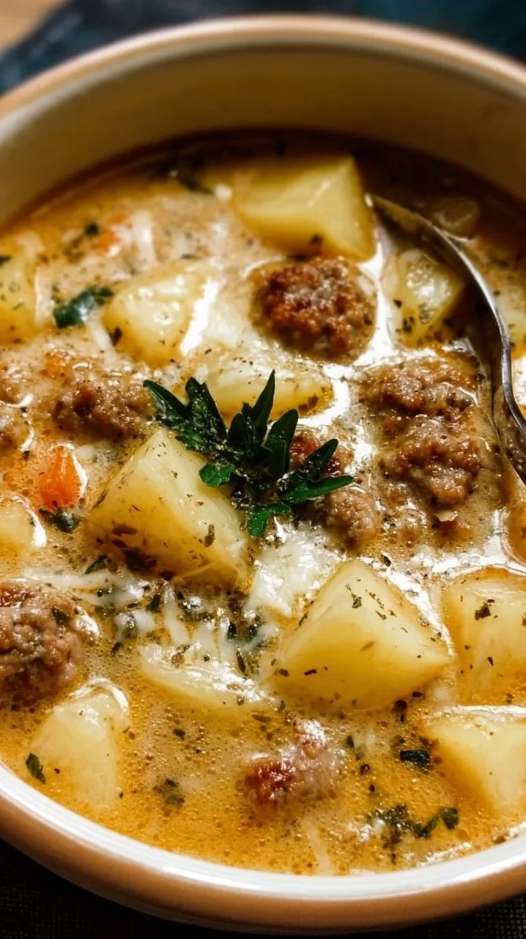 Cozy Italian sausage and potato soup served in a bowl with herbs.