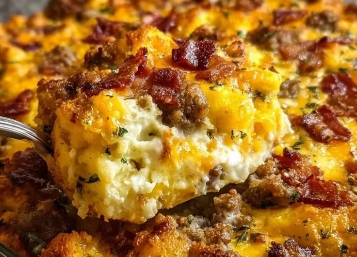 Delicious Crack Breakfast Casserole served in a baking dish, garnished with herbs