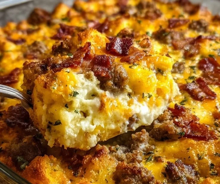 Delicious Crack Breakfast Casserole served in a baking dish, garnished with herbs