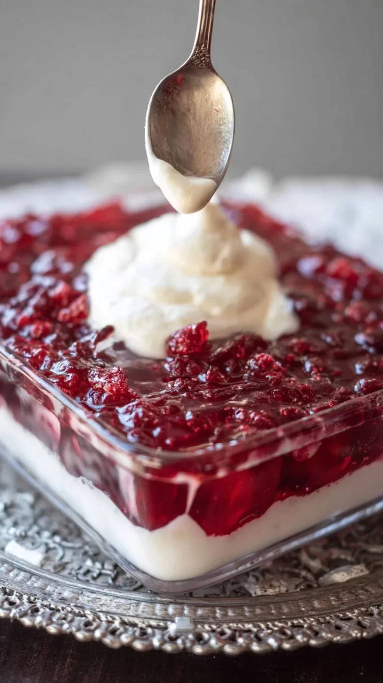 Cranberry Jello Salad with Cream Cheese Topping in a festive serving dish
