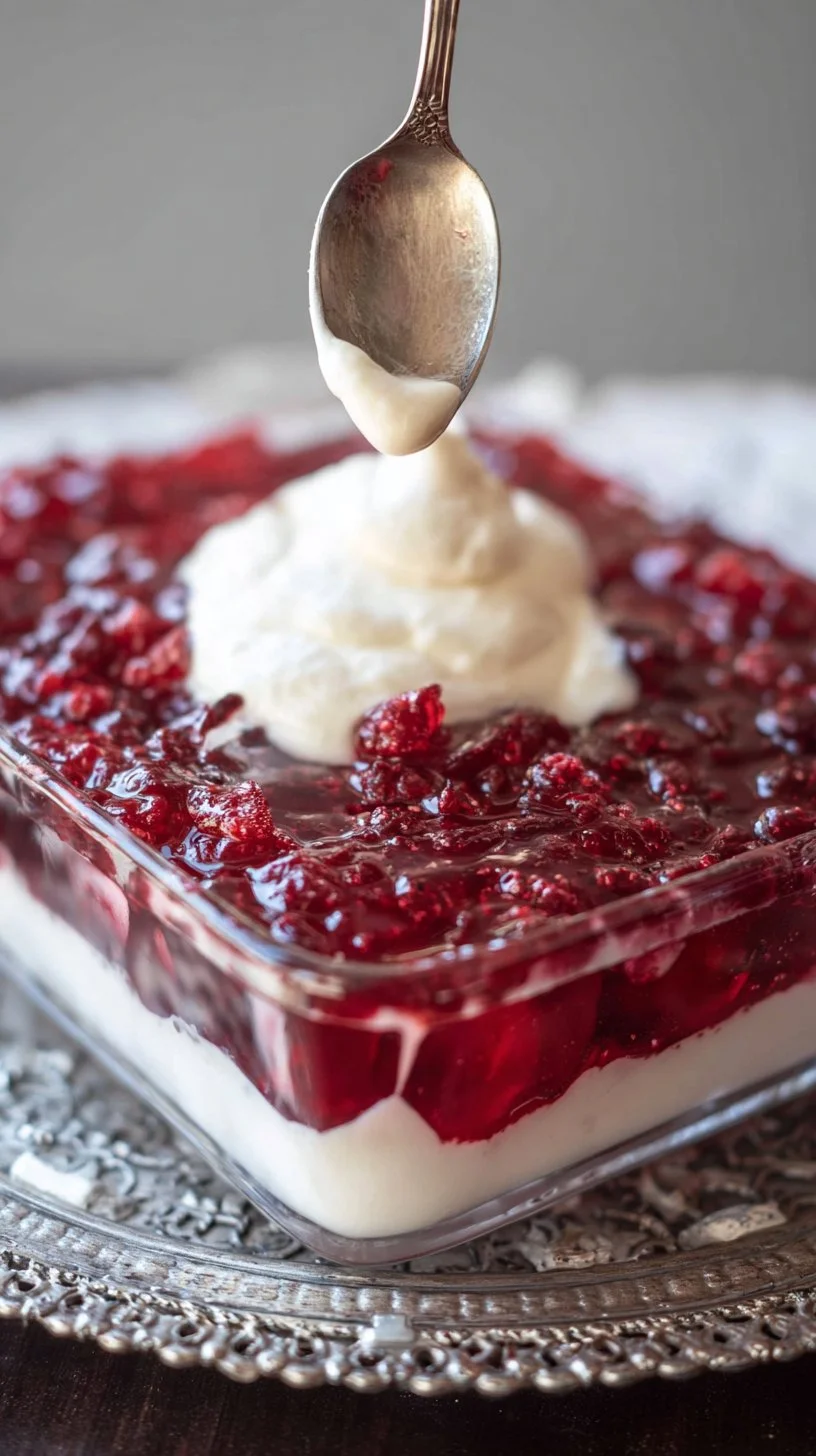 Cranberry Jello Salad with Cream Cheese Topping in a festive serving dish