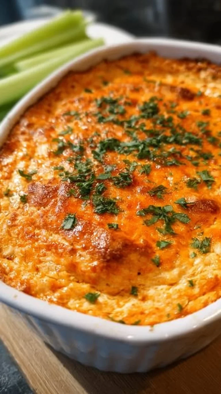 Healthy buffalo chicken dip served in a bowl with celery sticks