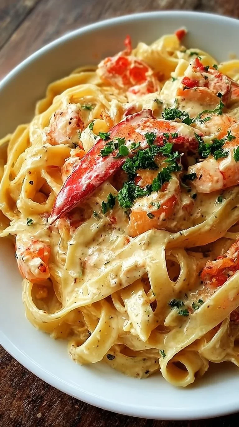 Delicious plate of crawfish fettuccine topped with fresh herbs and spices
