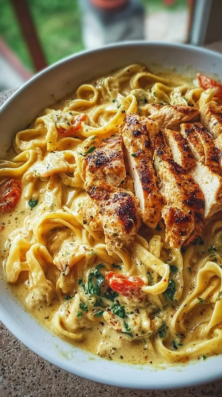 Bowl of creamy Cajun chicken pasta garnished with parsley and red pepper flakes