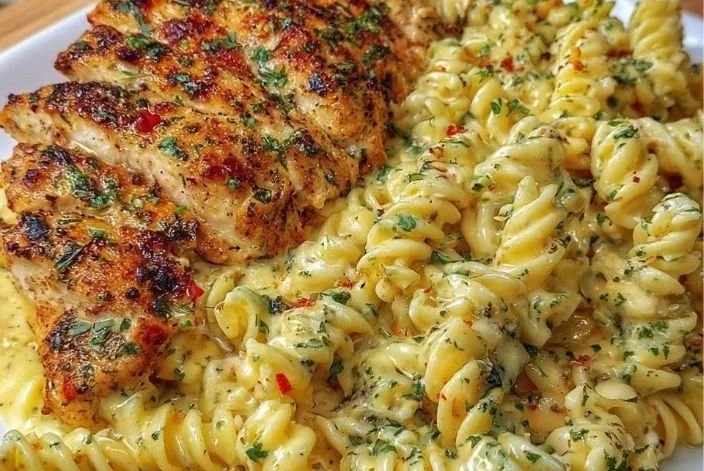 Creamy Garlic Parmesan Chicken Pasta dish with herbs and cheese