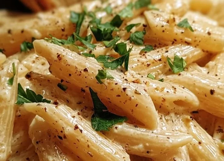 Creamy garlic penne pasta served in a bowl with herbs and parmesan cheese