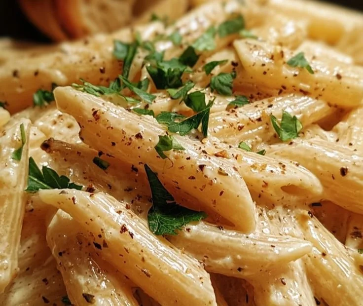 Creamy garlic penne pasta served in a bowl with herbs and parmesan cheese