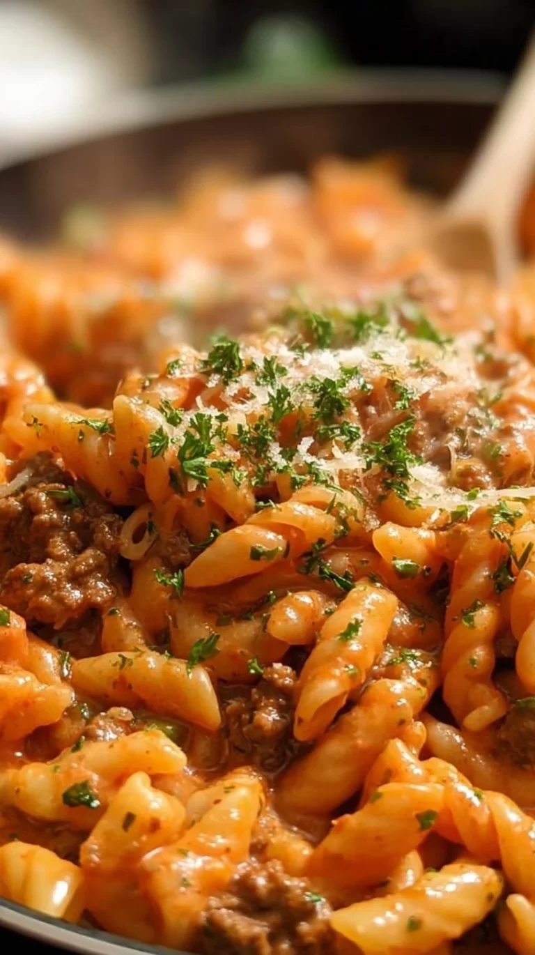 Creamy Rotel pasta with ground beef served in a bowl