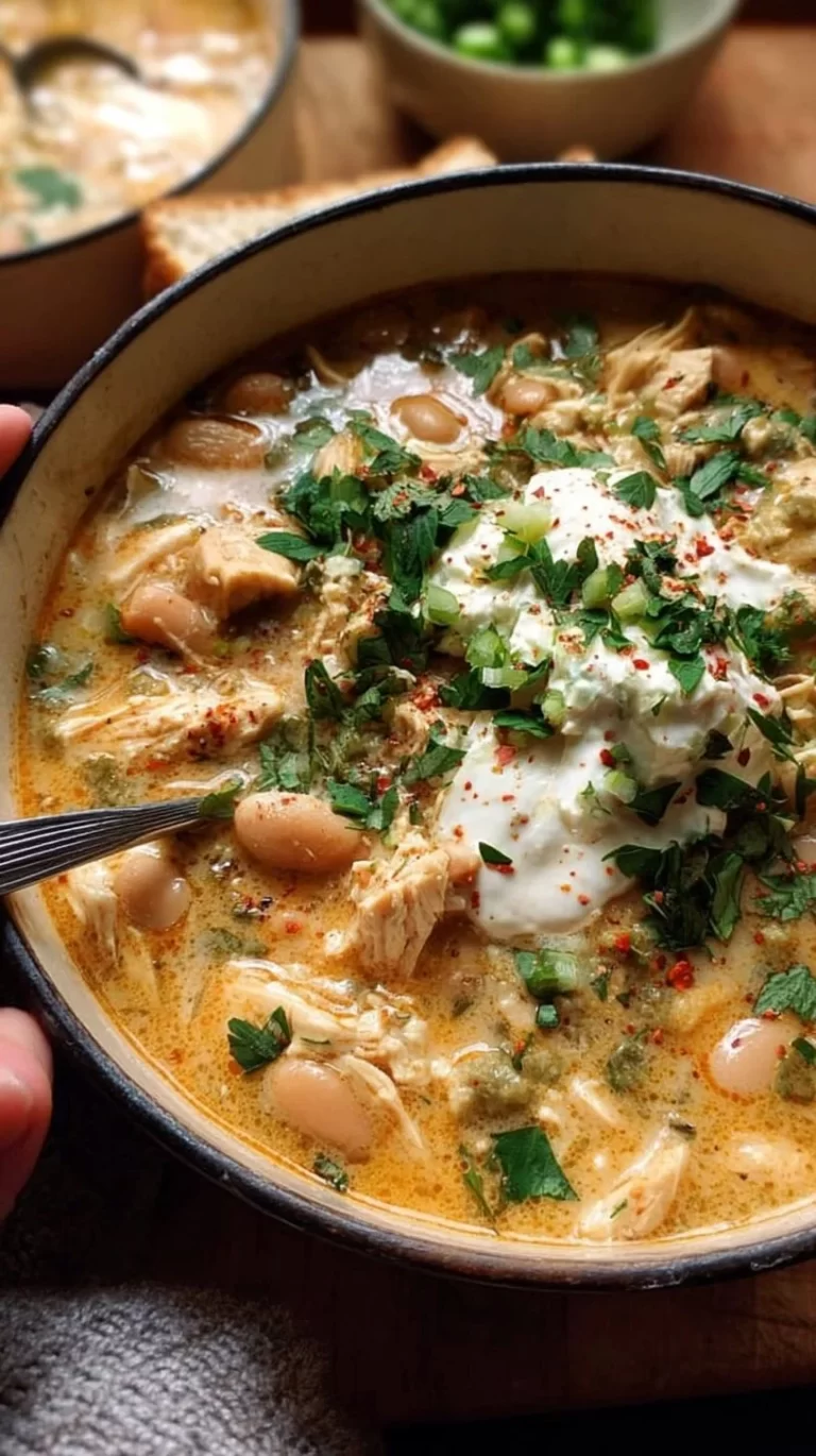 Bowl of creamy white chicken chili topped with cilantro and avocado