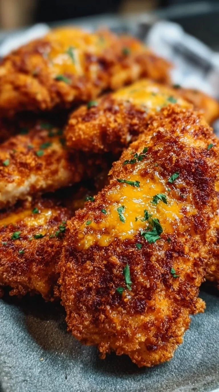 Crispy cheddar chicken dish garnished with herbs