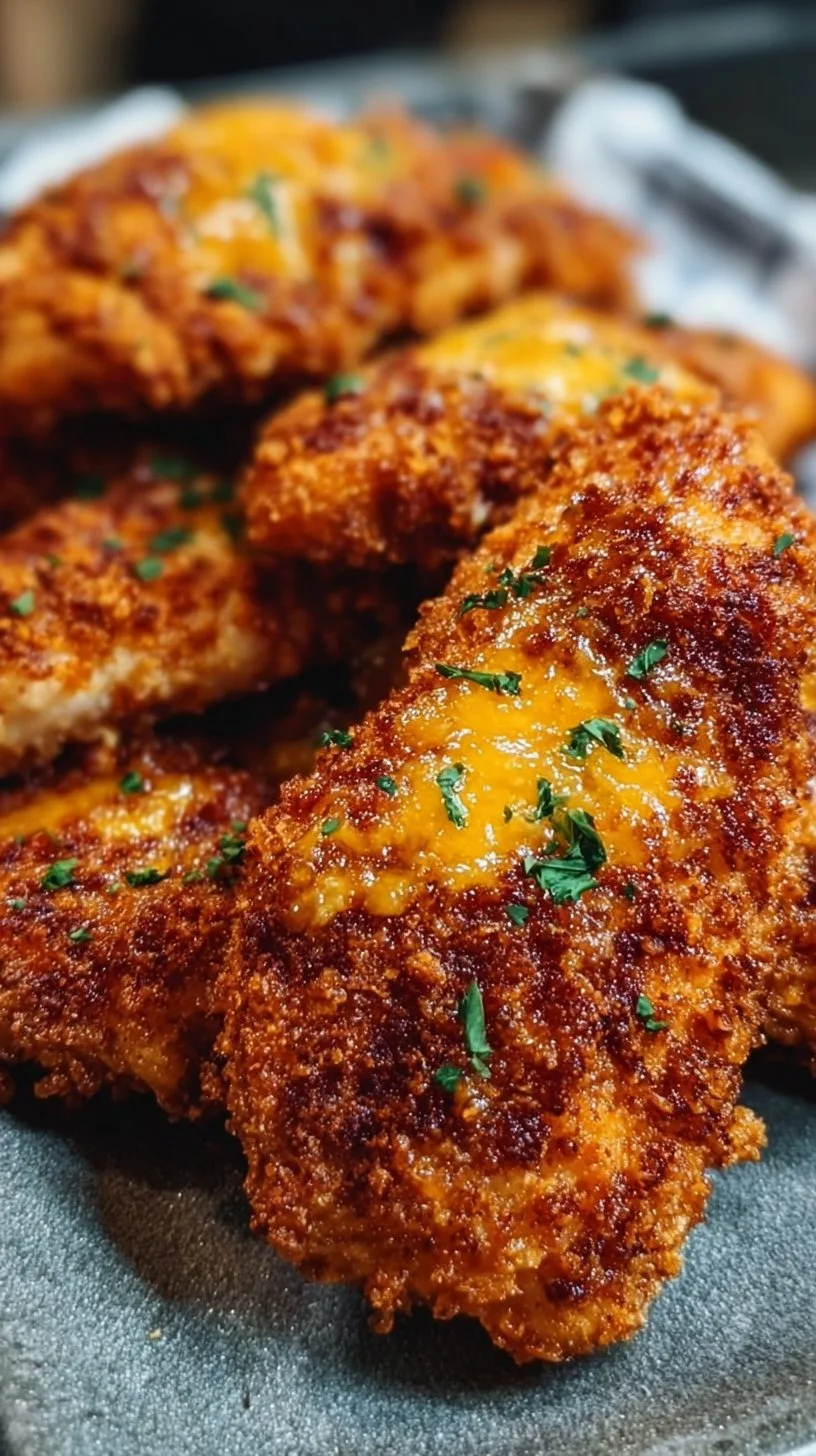 Crispy cheddar chicken dish garnished with herbs