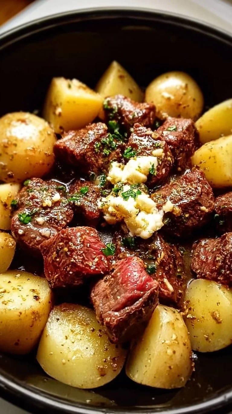 Crockpot Garlic Butter Beef Bites served with potatoes in a bowl.