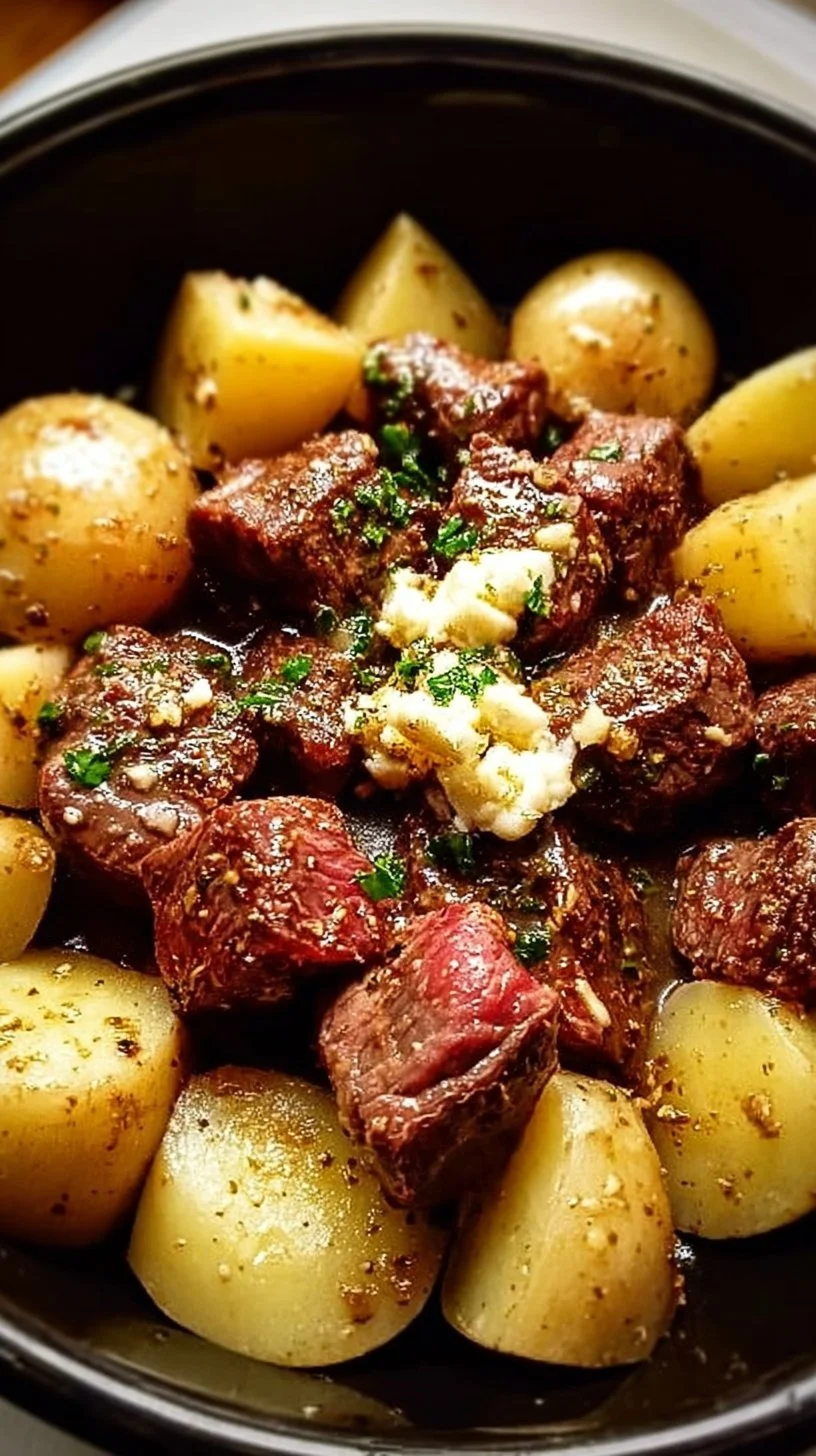 Crockpot Garlic Butter Beef Bites served with potatoes in a bowl.