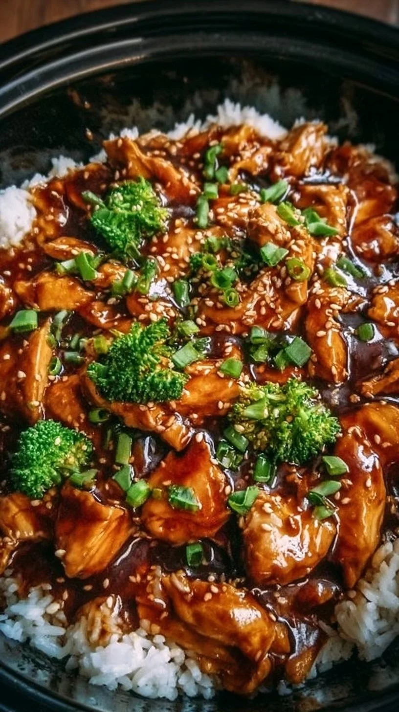 Plate of delicious crockpot teriyaki chicken with rice and vegetables