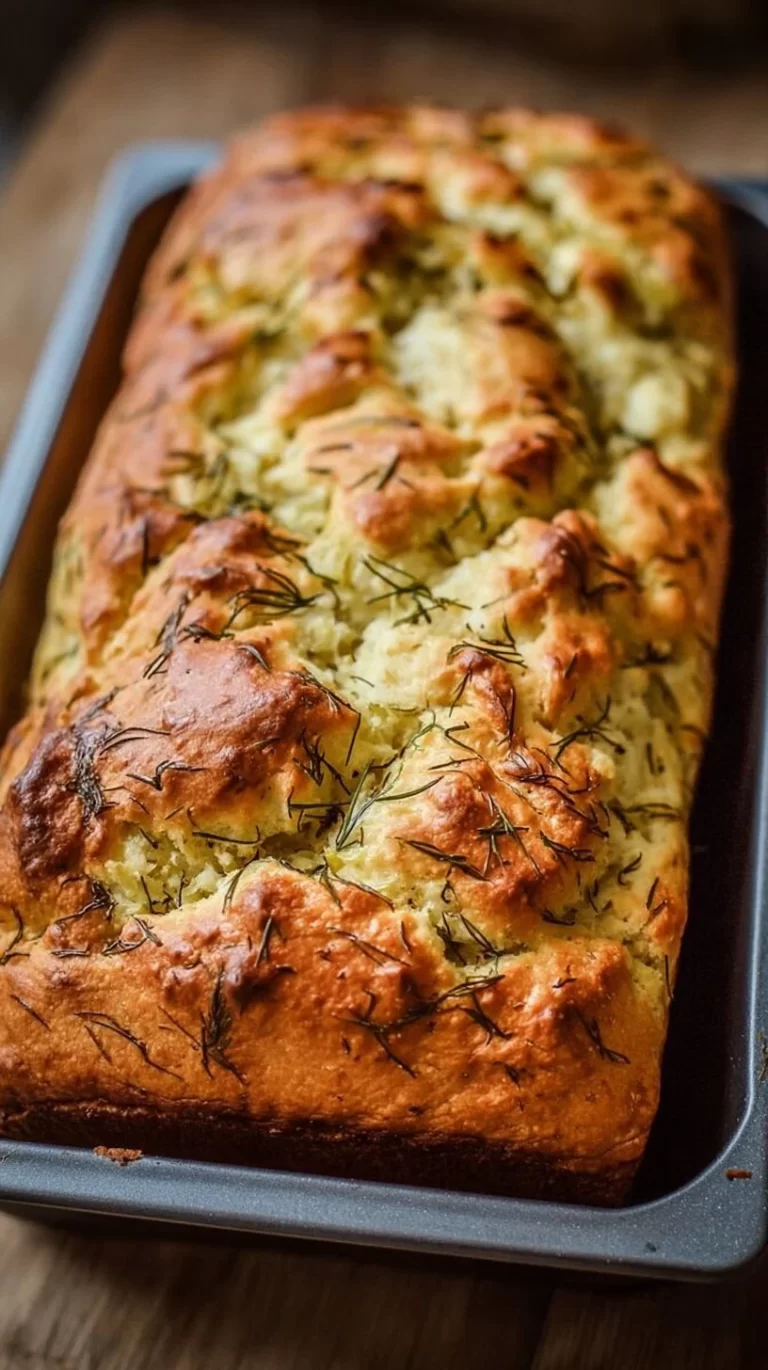 Loaf of homemade Dill Pickle Bread with dill sprigs and pickles on the side.