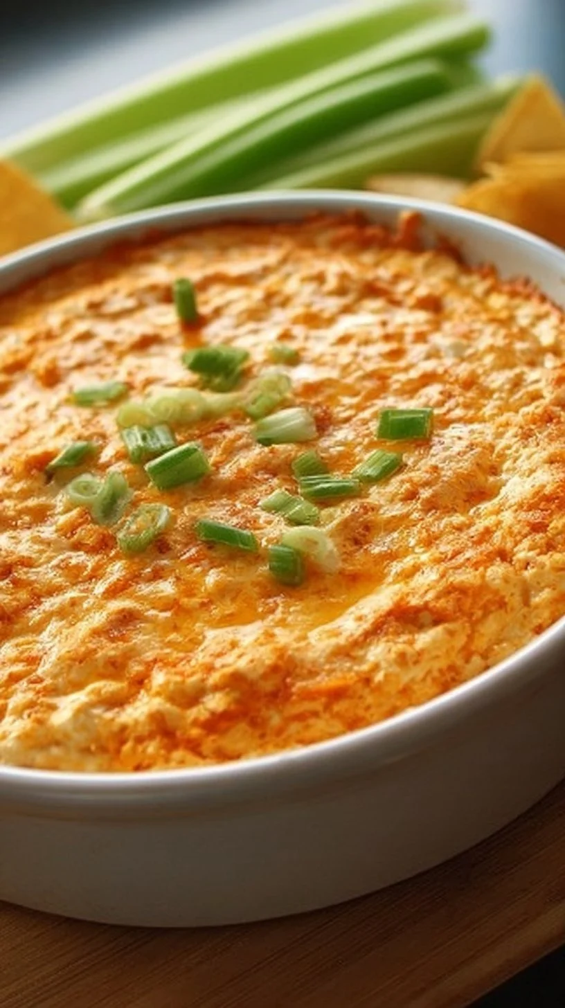 Bowl of Easy Buffalo Chicken Dip garnished with green onions